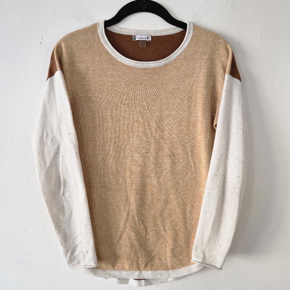 Smartwool Shadow Pine Colorblock Crew Womens XS Sweater Drop Shoulder Brown Tan
